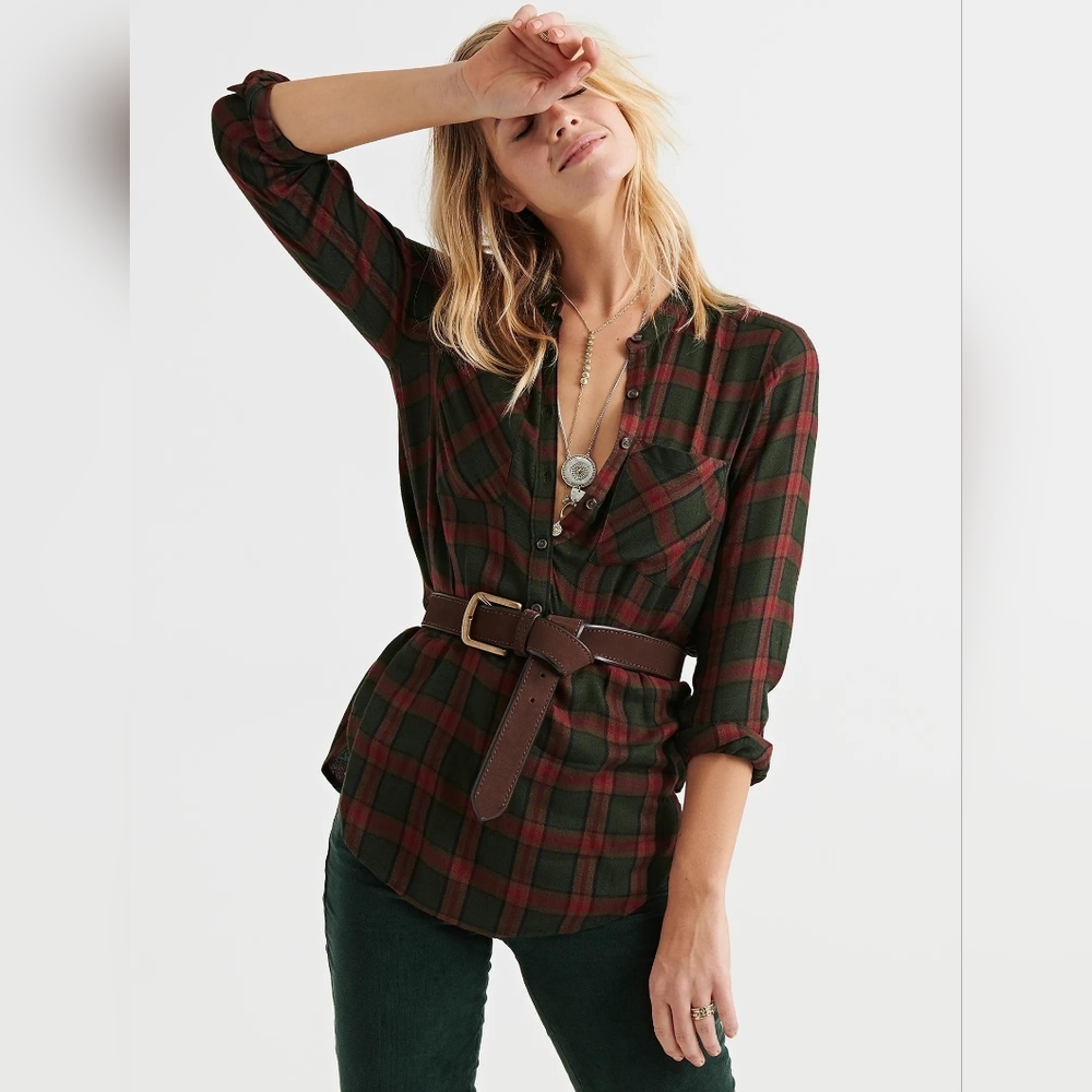 ✨️ Lucky Brand Women’s Plaid Tunic Blouse Large Green Multi Casual Button‑Down